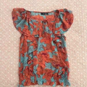 Ruffled Floral Blouse in Teal and Orange